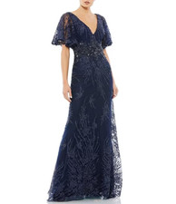 Mac Duggal Midnight Blue Embellished Illusion V-Neck Flutter Sleeve Gown 10 $798