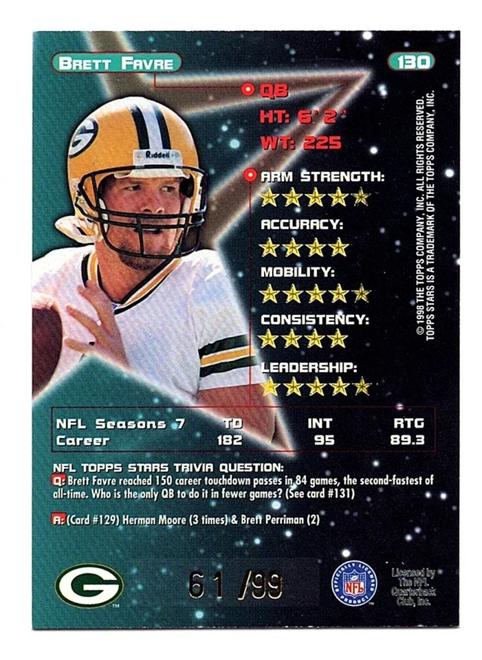 Lámina Brett Favre 1998 Topps Stars arco iris dorado/99 💎 Packers Foto 2 de 2