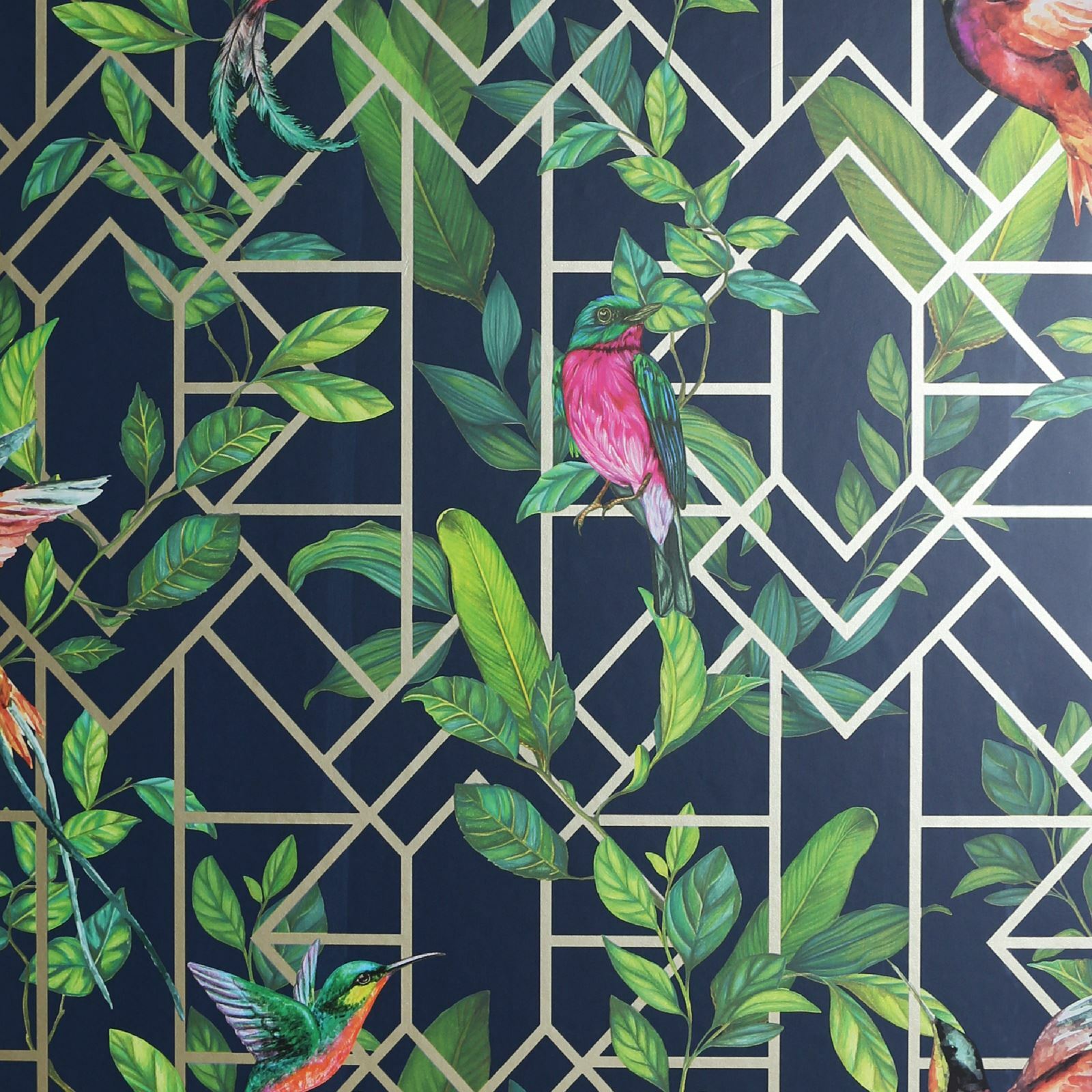 Arthouse Deco Tropical Geometric Wallpaper Navy 908003 Metallic Birds