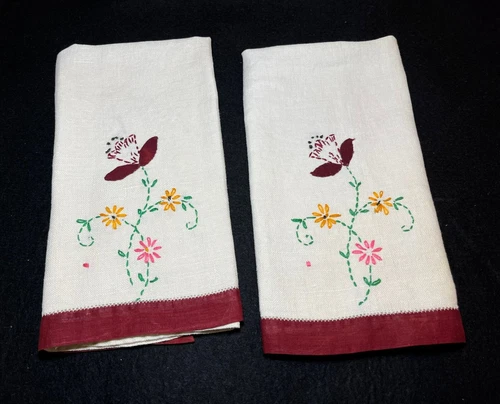 2 Vintage Floral Embroidered Linen Hand Towels w/ Burgandy Trim