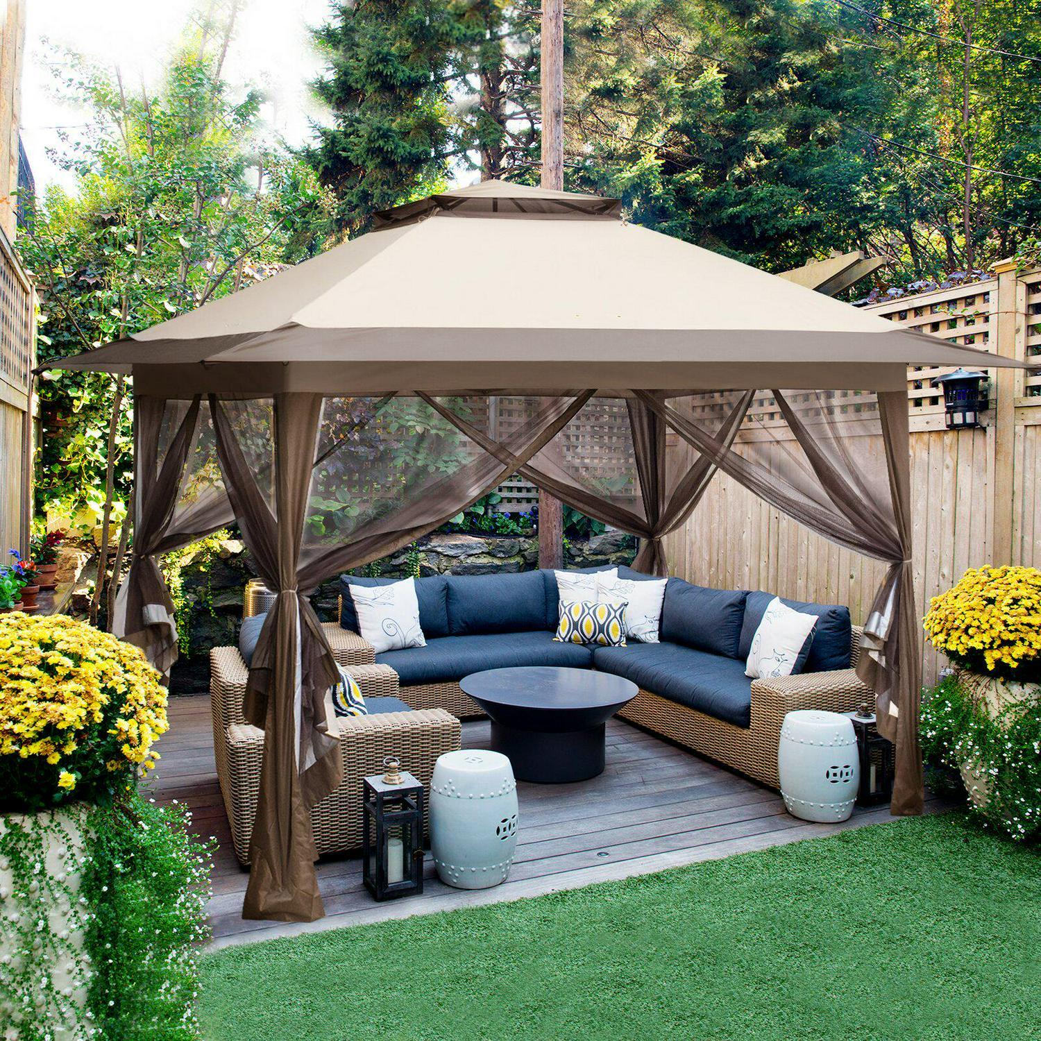 13 x 13 Ft Patio Gazebo Beige Outdoor Canopy w/ Side Wall Screens Metal Frame