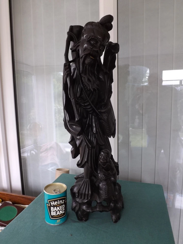 Old very Large 66cm Carved Wooden Chinese Figure Deity Fisher man boy & fish - Image 2 of 4