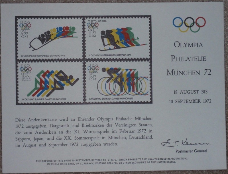 Bureau of Engraving & Printing Souvenir Card~SC21~XX SUMMER OLYMPICS '72~Munich
