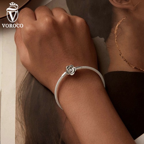 VOROCO Real 925 Sterling Silver CZ Rose Basic Chain Charm Bracelet Women Gifts - Picture 5 of 15
