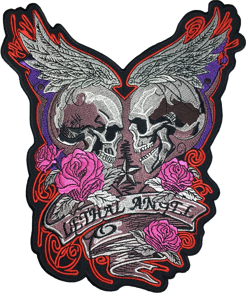 LARGE SIZE LETHAL ANGEL Skull Pink Roses Wings Star Embroidery Sew Iron on Patch