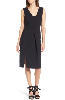 LEWIT Black Corset Stretch Wool Square Neck V-Back Side Slit Dress