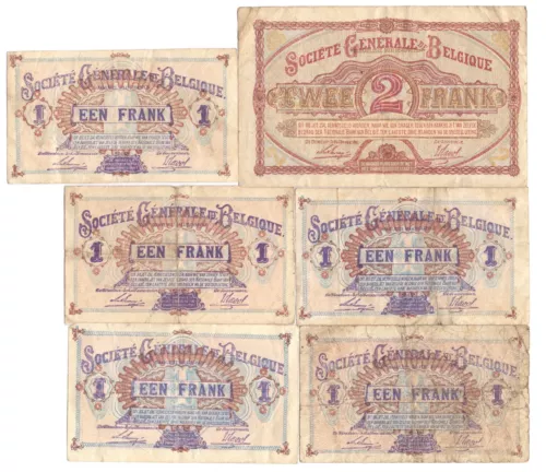 6x 1915 issue belgium german occupation wwi banknotes 1 & 2 francs 1916 1917 image 3