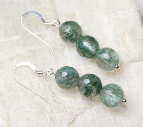 Green Rutilated Quartz 8mm Ball Gemstone .925 Sterling Silver Earrings 1 3/4" - Picture 7 of 8