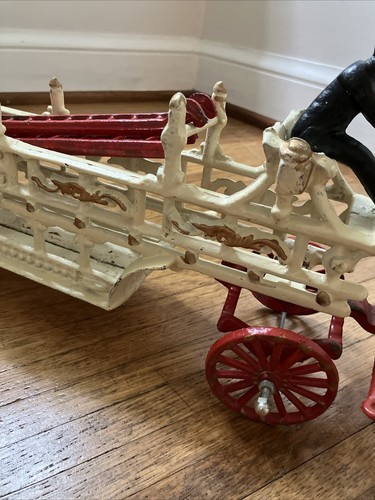 Vintage Cast Iron Horse Drawn Fire Ladder Truck 3 Horses 2 Firemen 2 Ladders 29" - Picture 13 of 23