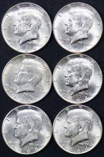1964 Kennedy Half Dollars Lot of 6 90% Silver $0.50 Coins BU/XF