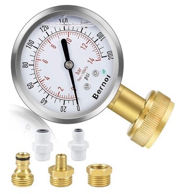 Bernoi Liquid Filled Water Pressure Gauge Kit 0-200 PSI 3/4 Hose Thread GHT