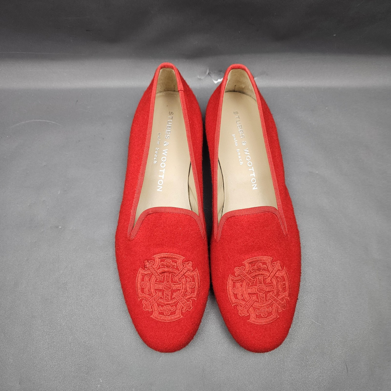 Stubbs & Wootton Shoes Womens 6 Red Felt Wool Smoking Loafers Crest Slippers