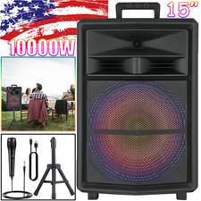 15" 10000W Bluetooth Party Speaker with Stand  Mic Super Bass Lights USB TF AUX