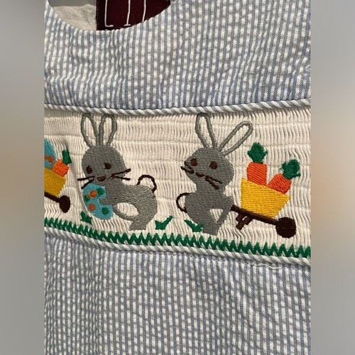 LIL CACTUS LT BLUE SEERSUCKER STRIPED SMOCKED SHORTALL Size 6-12 Months - Picture 4 of 7