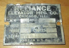 Vintage Reliance Elevator Co. Metal Plate - Chicago, Illinois