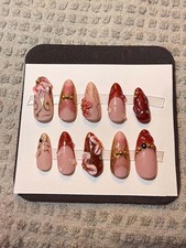 3D Flower Design Red Pink Gold Shiny Long Almond Acrylic Press-On Nails