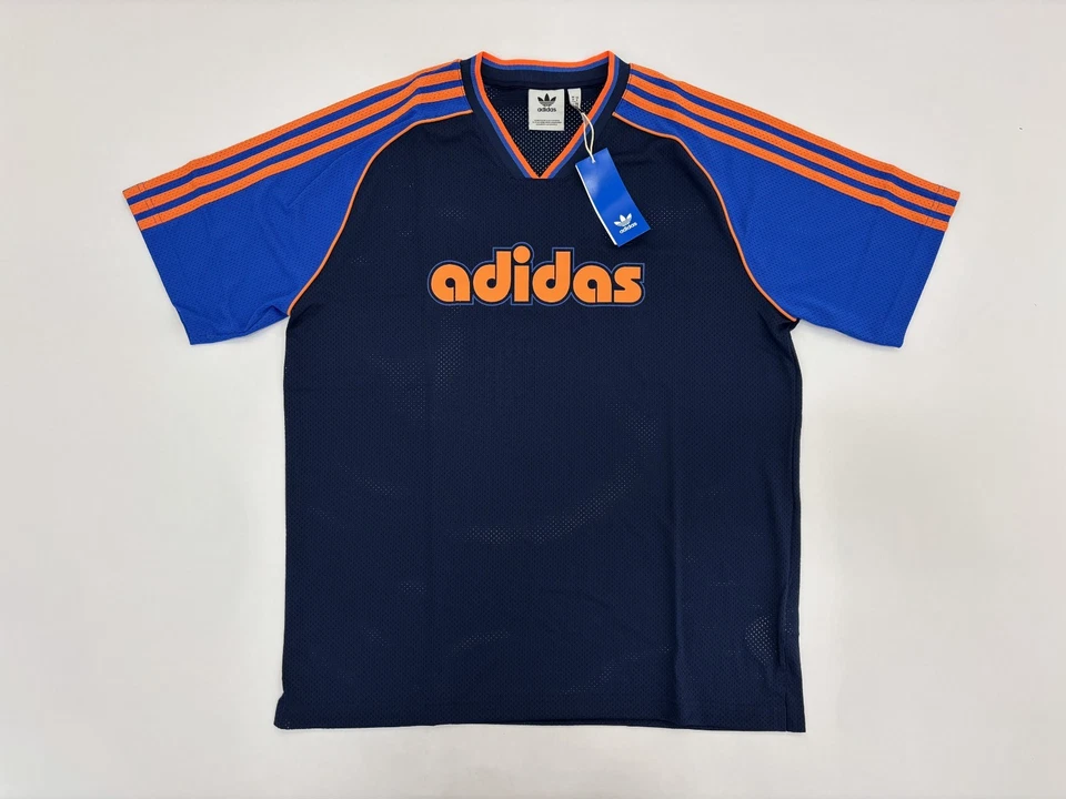 Camiseta deportiva Adidas Originales para hombre azul marino calce suelto acanalada cuello en V dobladillo aberturas M nueva con etiquetas Foto 3 de 4