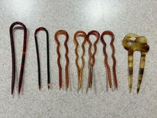 Vintage Lot 7 Tortoise Shell Celluloid Hair Pins Forks 3.25 in - 4 in