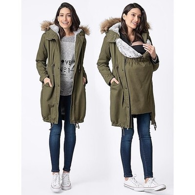 Seraphine Penelope Baby Wearing Coat 3 in 1 Khaki Green Maternity Fur Lined 10