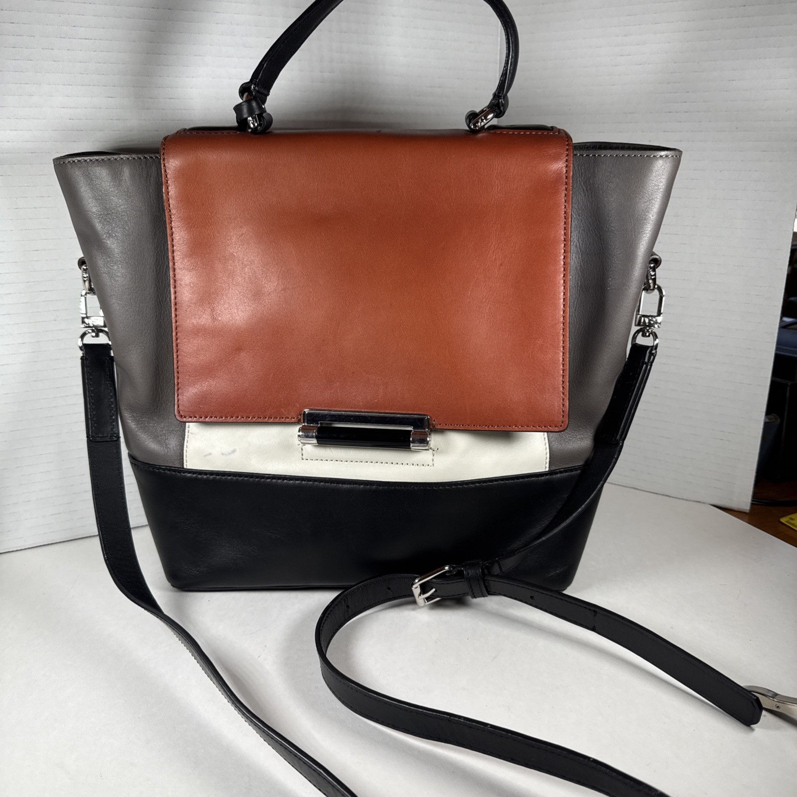 Unique! DVF Diane Von Furstenberg Courier Color Block Satchel Brown/Gray/Black