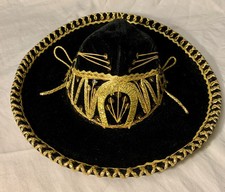 Vintage 1970's Authentic Mexican Childs Sombrero Black with Gold Thread