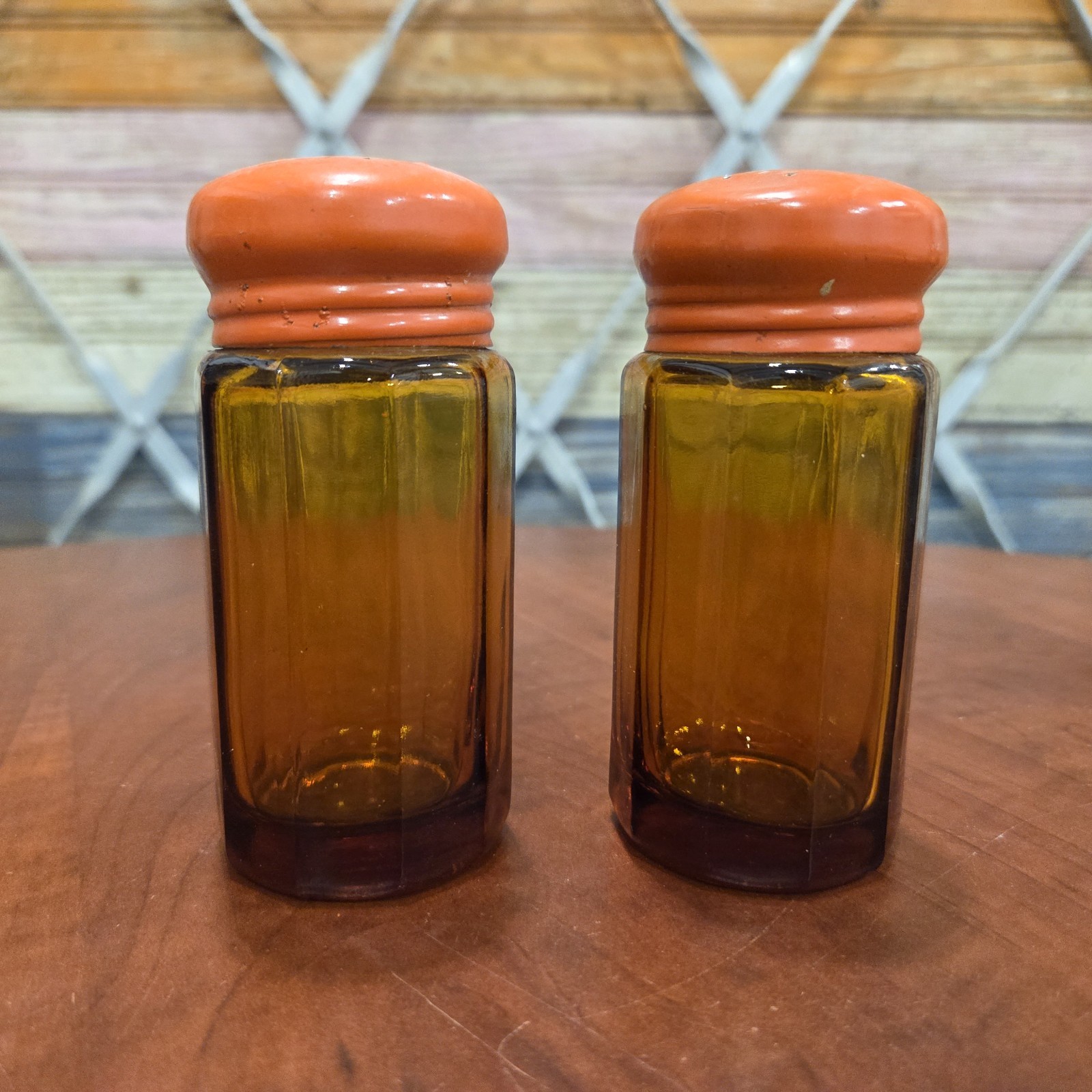 Vintage Takahashi Amber Glass Orange Salt Pepper Shaker Japan