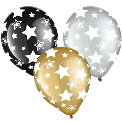 Black Gold & Silver Stars 12-inch Latex Balloon Assortment 20 Per Pack
