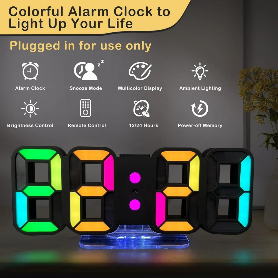 3D LED Digitalwecker Tischuhr Wanduhr Digital Uhr 14 RGB Farbwechsel 12/24 Std - Bild 2 von 4