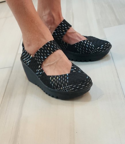 Bernie Mev Black Woven Mary Jane Comfort Wedge Shoes Women's Size 39 US 8.5