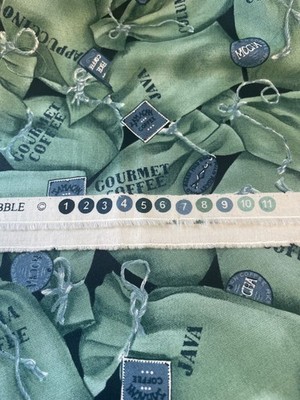 Fabric BTY Coffee Time Rose and Hubble Green Blue Mocha Java