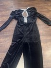 Womens Rhinestone Pearl Velour Jumpsuit Ruched Puffy Sleeves Open Back — photo 3
