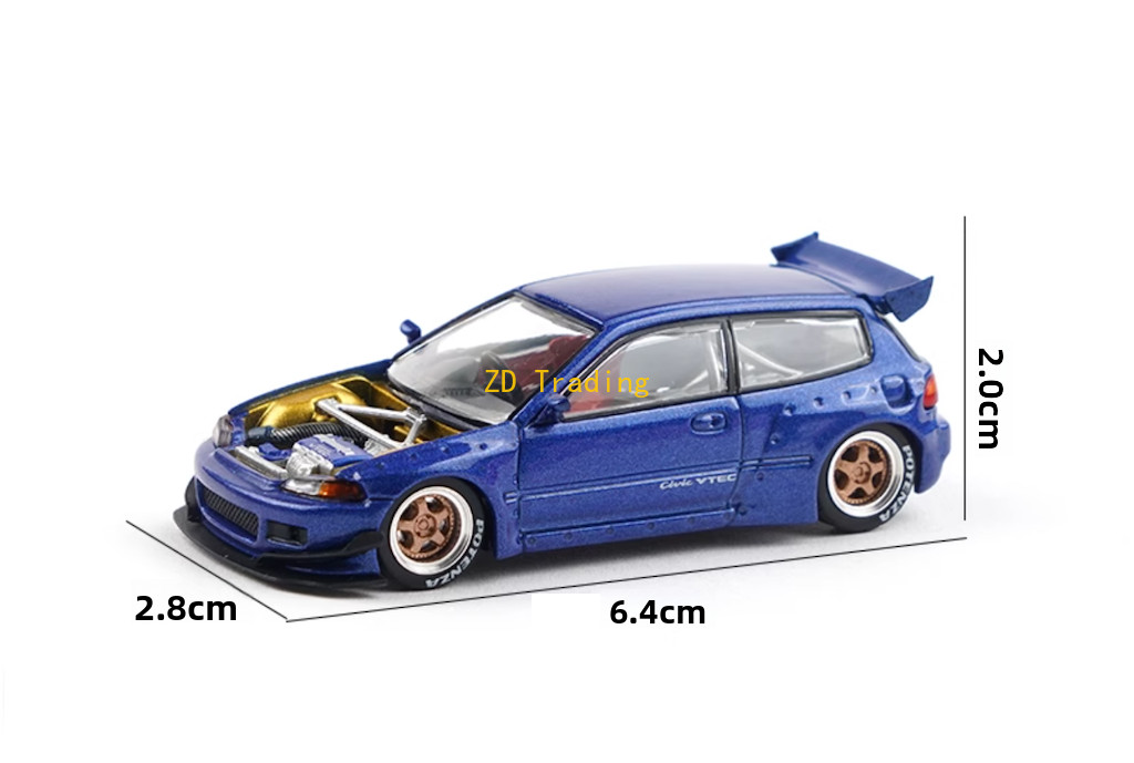 ZD Poprace 1:64 Blue Civic EG6 Pandem Hoodless Sports Model Diecast Metal Car BN