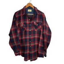 Sears Mens Flannel Shirt 16-L 16 1/2 Blue Red PLaid Vintage Button Up Collar