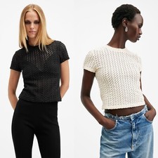Image of All Saints Womens Karma Crochet Stevie T-Shirt Designer Slim Crew Textured Tee