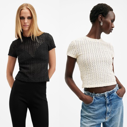 All Saints Damen Karma Crochet Stevie T-Shirt Designer Slim Crew Struktur Tee - Bild 1 von 13