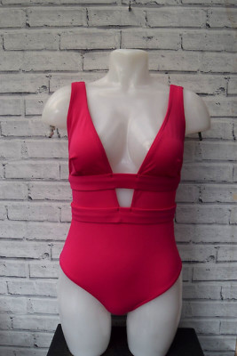 NEW FULLER BUST GATHERED DEEP PLUNGE PINK  SWIMSUIT SIZE UK 6  F CUP      B17