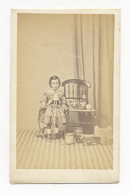 1860's CDV PHOTO GERMAN TOY CLOWN ON BASE, WOOD OX CART, WHIPPET DOG TOY, DRUM