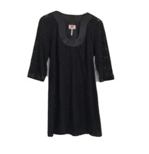Laundry By Design black satin u-neck lace cocktail shift dress 3/4 sleeve