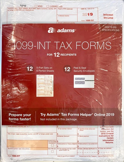 12 Pack Of 1099 INT Tax Forms Adams Tax Forms Helper EBay