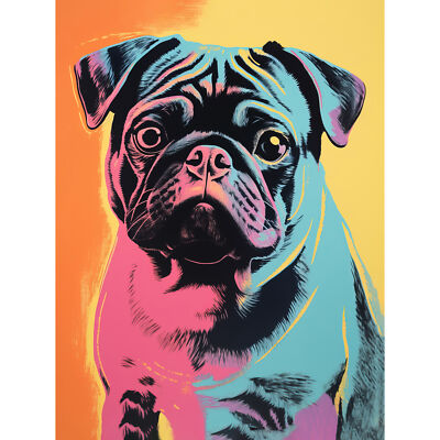 Süßer Mops Hund rosa türkis orange gelb Haustier Portrait Leinwand Poster Druck Kunst