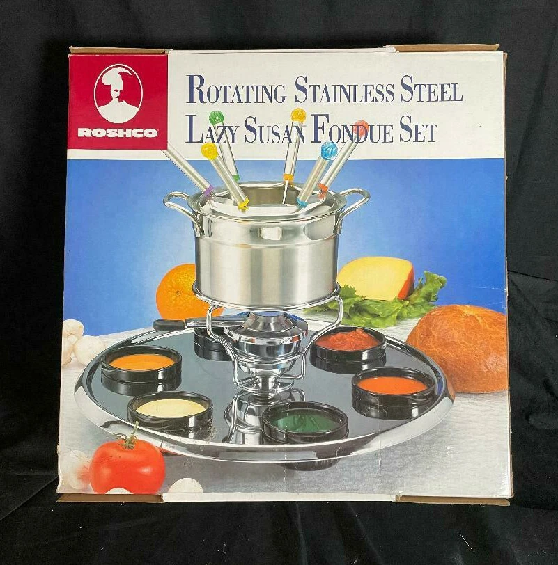 Roshco Fondue Set Stainless Steel with Ceramic Cups Forks Spinning Base #58922