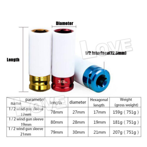 3pc 1/2''Alloy Wheel Deep Impact Nut Socket Set 17, 19, 21mm with Nylon Sleeve - Picture 8 of 10
