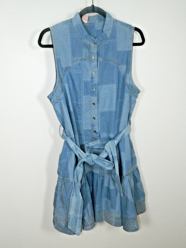 Ciebon Dress Large Blue Elly Patchwork Denim Mini Shirtdress Belted - Picture 10 of 13