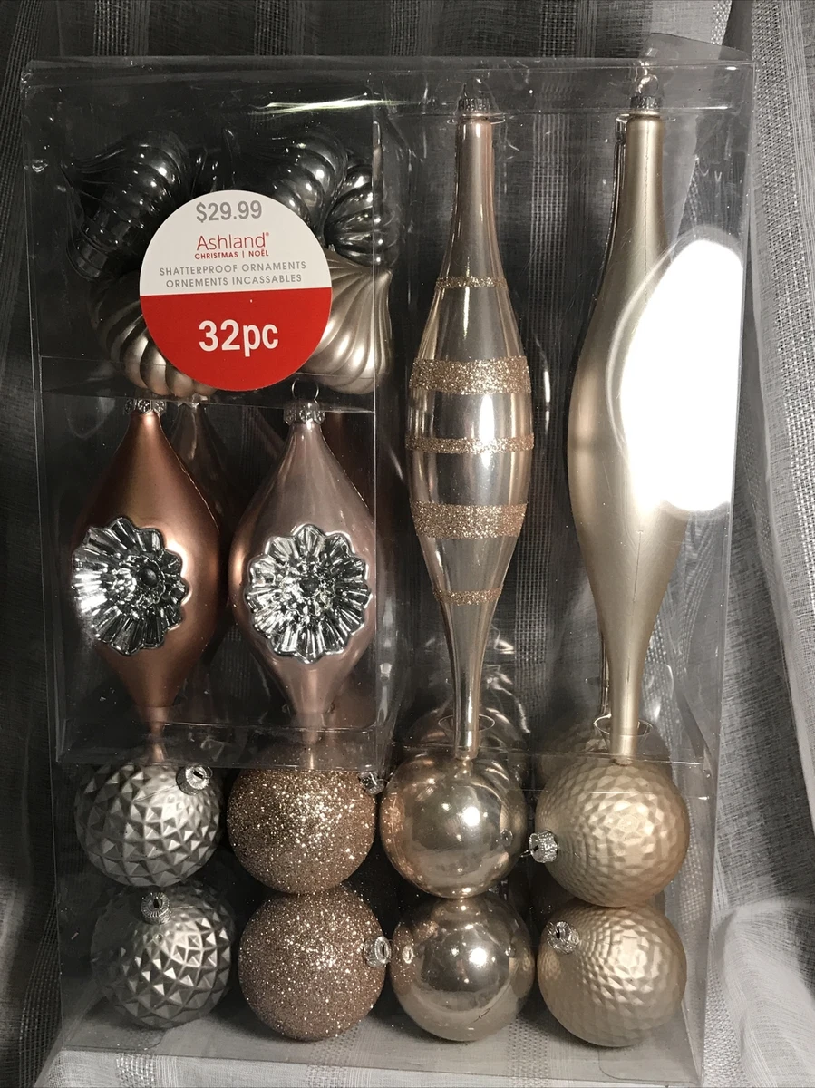 Ashland Shatterproof Ornaments 32 piece NEW Gold Silver Glitter