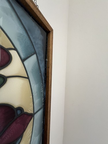 Vintage Leaded Painted Glass Pane, Hanging, Framed, Sun Catching 19.5” 15.5” - Picture 6 of 13