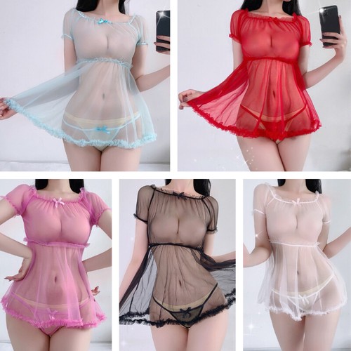 Damen durchsichtiges Netzkleid Rüsche Voile kurzärmelig sexy Erotik durchsichtig Mode - Bild 2 von 23