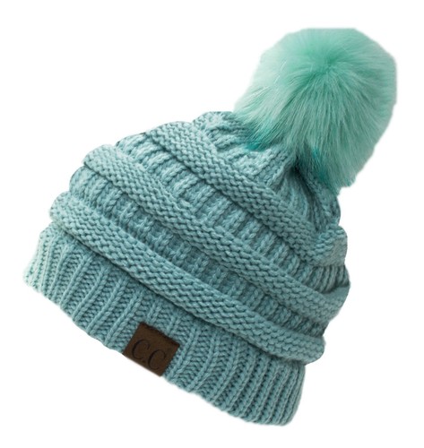 C.C Stretch Cable Knit Ribbed Super Soft Faux Fur Pom Pom Beanie Hat cc - Picture 27 of 29