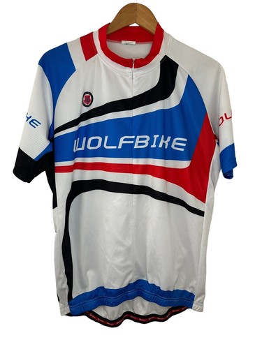 Wolfbike Cycling Jersey White Red And Blue Adults Jersey Men’s Size XL