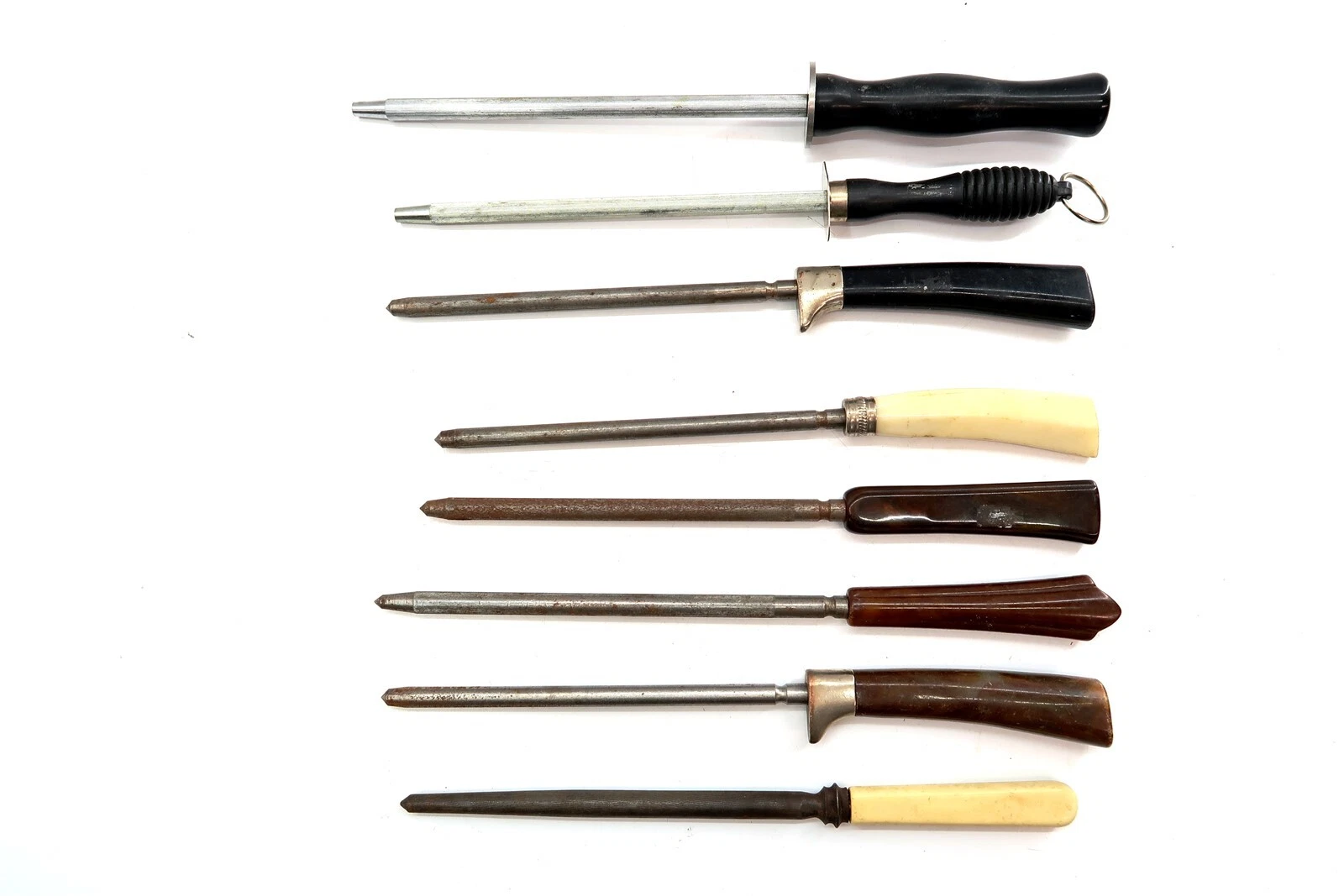 Lot of 8 Vintage Antique Knife Sharpening Honing Steels Bakelite Plastic handles