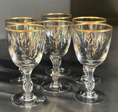 Set of 6 Chalet Tiffin-Franciscan Crystal Water/Wine Goblets with Gold Inlays